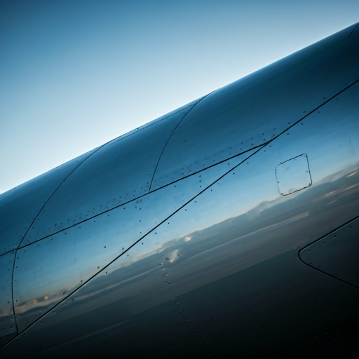 Abstract close-up of a modern aircraft fuselage with metallic reflections and sharp geometric lines in cool morning light